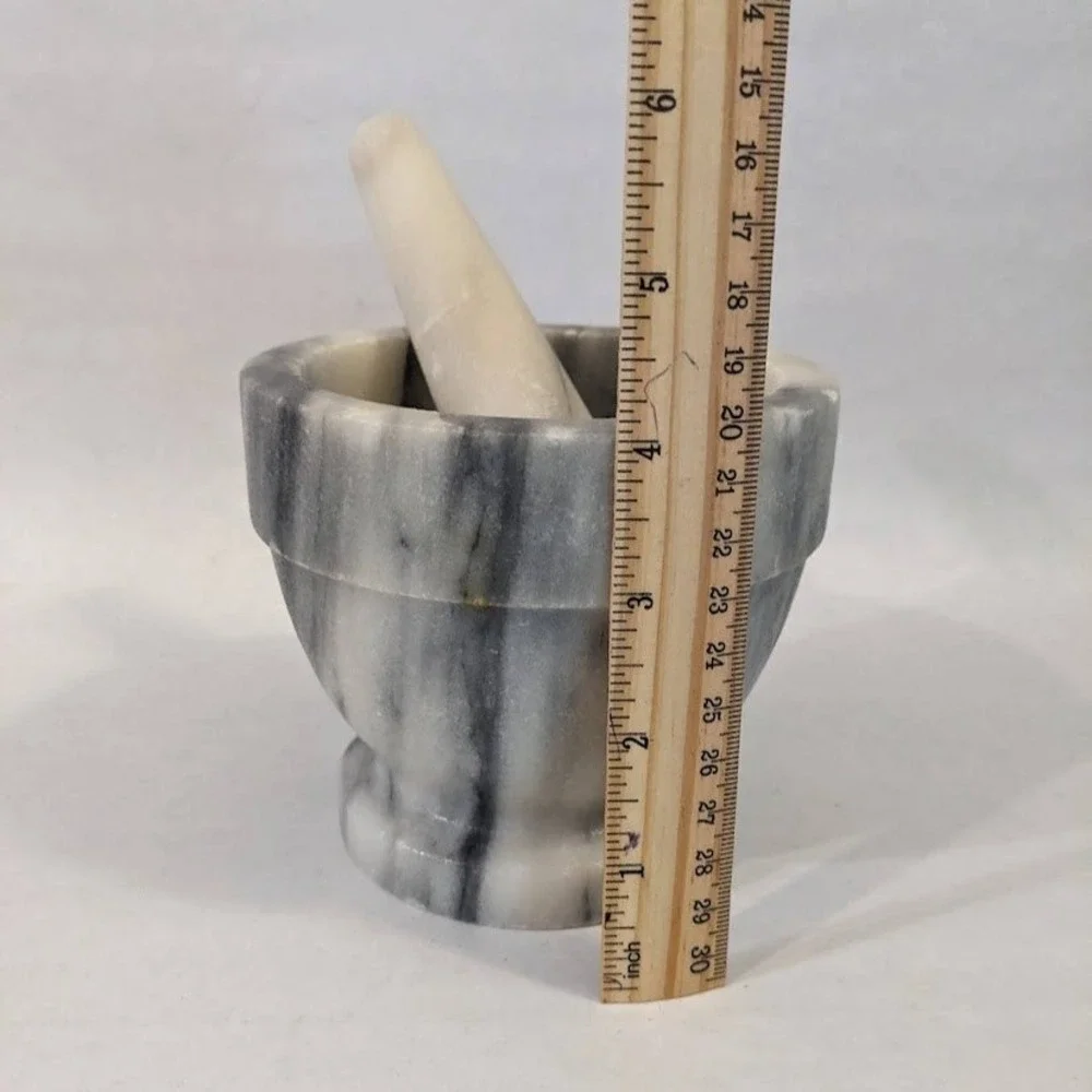 Grey White Veined Marble Mortar & Pestle Set Pedestal Base Kitchen Spice Grinder